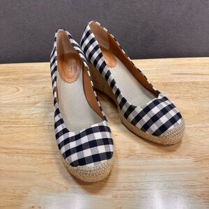 J Crew Shoes Womens 9 Blue Gingham Espadrille Wedge Pumps Heels Slip On Spring